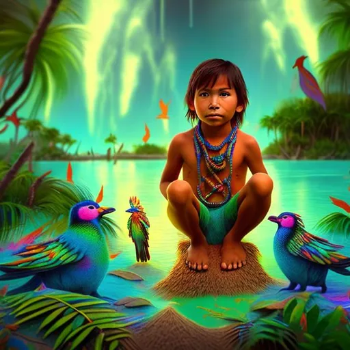 Prompt: a little cute native indigenous boy, sitting in the sand of a magic lagoon fluorescent, with many colored birds, matte painting, ayahuasca