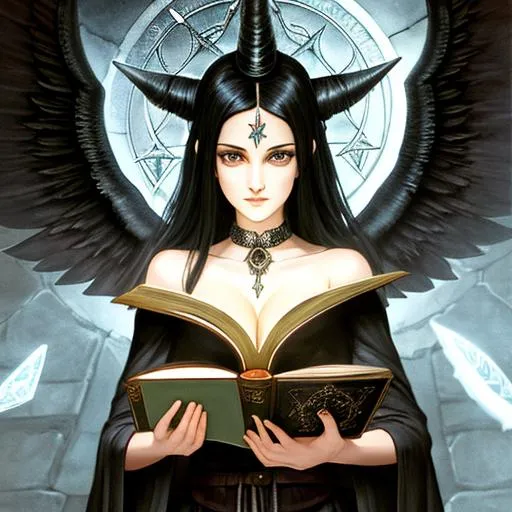 Prompt: baphomet, winona ryder, book, dark haired cleric holding a book, dark haired woman chanting a spell, runes, stone floor, ritual, magical background, realistic eyes, dungeons & dragons art, fantasy art, dark art, gloomy, templars, esoteric sigils, mist, grey light