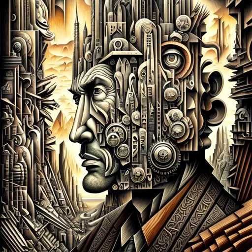 Prompt: a realistic drawing of man with a city at the top of his head, in the style of cubist shapes and planes, colorful woodcarvings, intricate and bizarre illustrations, hyperrealistic murals, richly detailed genre paintings, muted tones, surrealism, pencilsteampunk