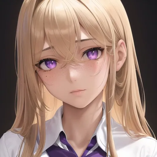 Prompt: "A close-up photo of a gorgeous woman with brown skin and long curly blonde hair, predator like purple eyes, wearing school uniform, in hyperrealistic detail, with a slight hint of loneliness in her eyes. Her face is the center of attention, with a sense of allure and mystery that draws the viewer in, but her eyes are also slightly downcast, as if a sense of loneliness is lingering in her thoughts. The detailing of her face is stunning, with every pore, freckle, and line rendered in vivid detail, but the image also captures the subtle emotions of loneliness that might lie beneath her surface"