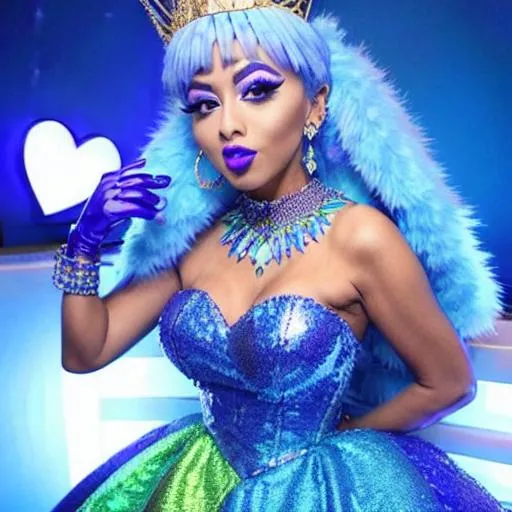 Prompt: Pokimane with ultradetailed large shiny blue lips, Blinding Heart Earrings, Blue Xtra Large Metal Ball Gown, Rainbow Sugar Gloves with Purple Fur, Glowing Blue eyes, Artisans Cut Gleaming Ice Cream Tiara. Pristine Green hair, confident facial expression, Full eyebrows with blue tint, Crocodile necklace, Wintry Aura, Black Armor Plated Shoulders, Cake Covered gold wand, Sharp Nails, Auroras in eye of hurricane. Blue Moon. High resolution, Realistic, Cold color scheme, high radiance.