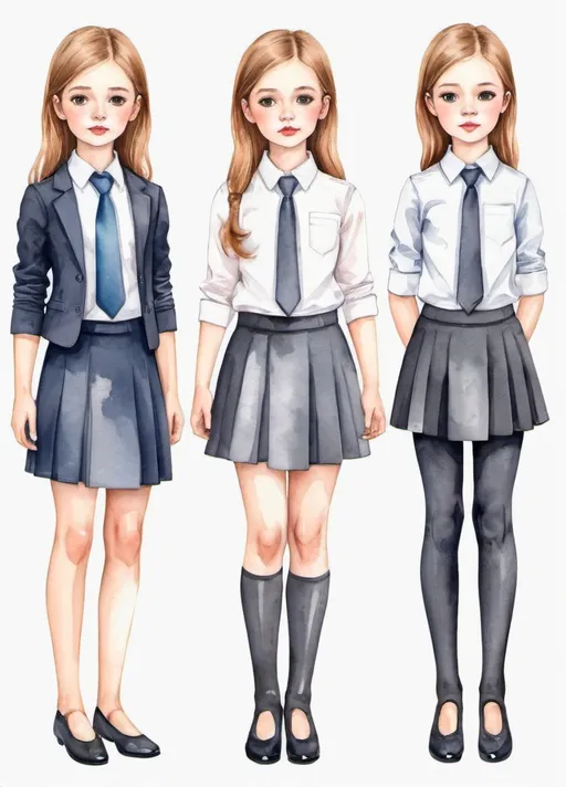 Prompt: young girl, children's clothing, business suit, office wear, skirt, blouse, a lot of details, high quality, fool body, standing straight, arms to the sides, paper doll, watercolor,