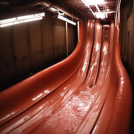 Prompt: Indoor water slides empty dirty vomit dilapidated night dim lighting red dirty dry dark drain meat flesh nightmare holes deep empty