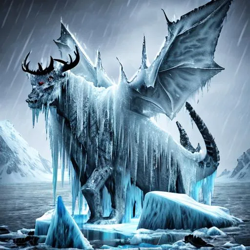 Prompt: Demonic force, ice, rain, iceberg, icy tundra, bleeding, blood, animalistic, demonic, draconic, 