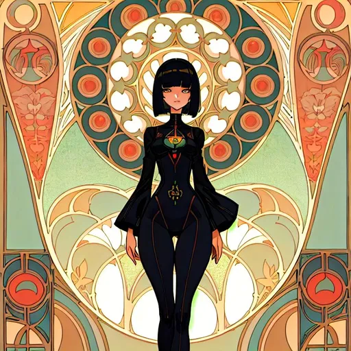 Prompt: a lonely AI girl, very tall, thick thighs, wide hips, long legs, slender waist, big beautiful symmetrical eyes, intriguingly beautiful face, aloof expression, bob haircut with bangs, Art Nouveau art style, 12K resolution, hyper quality, hyper-detailed, depth of field