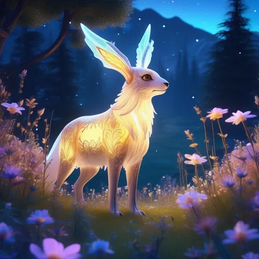 Prompt: A fantasy translucent wolpertinger that is glowing, in a meadow clearing surrounded by flowers, sunrise, beneath the stars, bioluminescent, highres, best quality, concept art