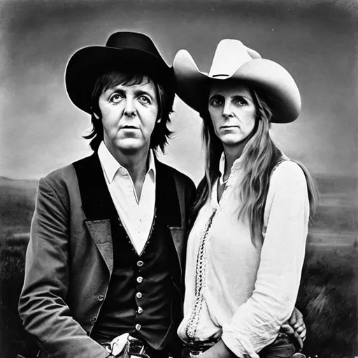 Prompt: Paul McCartney as a cowboy with his wife Linda McCartney beside him in 1870, photorealistic