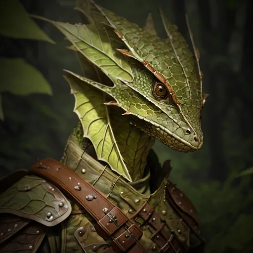 Prompt: portrait of a (Green and Brown dragonborn Ranger hunting ),wearing basic leather armor with rustic camouflage details including leaves.  , Forest background, D&D setting, perfect composition, hyperrealistic, super detailed, 8k, high quality, trending art, trending on artstation, sharp focus, studio photo, intricate details, highly detailed, by greg rutkowski and alphonse mucha