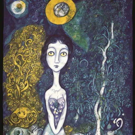 Prompt: An illustration inspired by Chagall, Klimt, and Miro with a theme about life and death. Include this poem as part of the art '
In the tapestry of existence, introspective gaze guides,
Life's fleeting moments, a delicate maze beside.
Through waves of thoughts, like a flowing tide,
In shadows, emotions and reflections confide.

Wit, a companion in life's grand play,
A comedy of errors in the light of day.
Yet, beneath the laughter, a somber truth,
Death's inevitability, the eternal sleuth.'