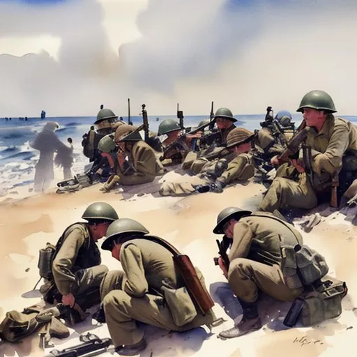 Prompt: Sheltering from Machinegun fire on the Beach 1944 in watercolor
