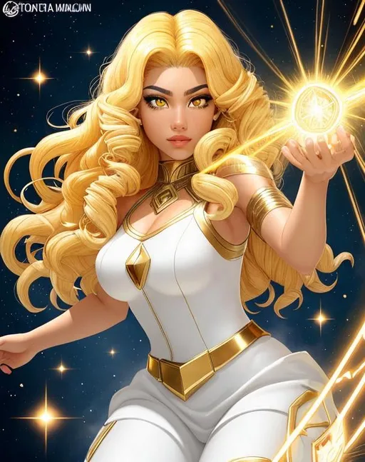 Prompt: A beautiful 15 year old ((Latina)) light elemental with light brown skin and a beautiful face. She has curly yellow hair and yellow eyebrows. She wears a beautiful white dress with gold. She has brightly glowing yellow eyes and white pupils. She wears a gold tiara. She has a yellow aura around her. She is using light magic in battle against a giant monster in a open field. Epic battle scene art. Full body art. {{{{high quality art}}}} ((goddess)). Illustration. Concept art. Symmetrical face. Digital. Perfectly drawn. A cool background.