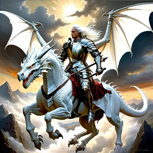 Prompt: Dragon rider Chivalric Knight in realistic oil painting, flying through the sky, majestic white dragon with vibrant white scales, white ethereal wings, flowing white hair, fierce expression, mythical landscapes, high fantasy, oil painting, vibrant colors, epic scale, detailed armor, stunning face, atmospheric lighting, professional, highres, fantasy, oil painting, dragon rider, Chivalric Knight , flying, majestic, ethereal, fierce expression, pale colors, high fantasy