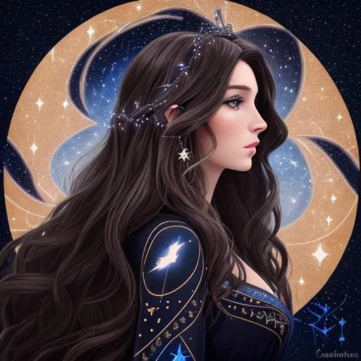 Prompt: A beautiful caucasian Canadian woman (goddess of the night sky) with magical flowing brunette hair in the style of constellations and the night sky profile picture