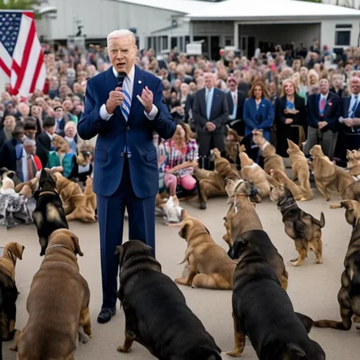 Prompt: president biden speaking to a crowd of dogs