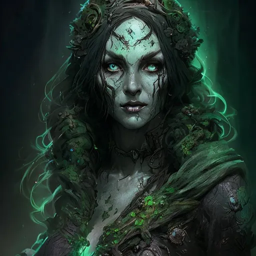 Prompt: mysterious decay sorcerer-druid female portrait, mold grows biohazard, dnd fantasy character concept, gothic woman