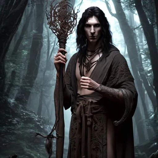 Prompt: A slender, beautiful male sorcerer with long black hair wearing a loose, dark robe and loincloth, holding a magic staff.  symmetrical face, hyper-realistic, super detailed, 8k, high quality, sharp focus, studio photo, intricate details, highly detailed, deviant art
