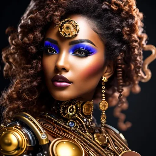 Prompt: Please produce a photograph of a steampunk robotic beautiful female android, brown skin, with fantasy colors, flashy lights, in a light background, high quality, trending art, trending on artstation, sharp focus, studio photo, intricate details, highly detailed, UHD, HDR, 8K, ((Masterpiece))