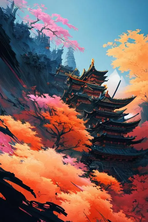 Prompt: masterpiece hyperdetailed elaborate scenic, looking from below,

colorful ink brush painting,

1 man samurai, detailed face, slashing, dynamic pose,

album cover art, 128K resolution, masterfully crafted,

Greg Rutkowski, Huang Guangjian, CGSociety, ZBrush Central, Victo Ngai,

semi-monochrome,