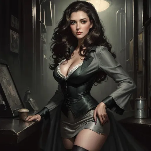 Prompt: digital painting concept art "the mistress" by ((Greg Rutkowski)), (full body portrait) gritty noir, 1950s style, (supermodel) woman with green eyes and (long) curly brunette hair, (white silk blouse), (deep cleavage), grey miniskirt, thigh high nylon stockings, set in a warmly-lit busy speakeasy