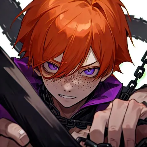 Prompt: Erikku male adult (short ginger hair, freckles, right eye blue left eye purple) 8K, Highly detailed, insane detail, best quality, high quality, holding a chain saw