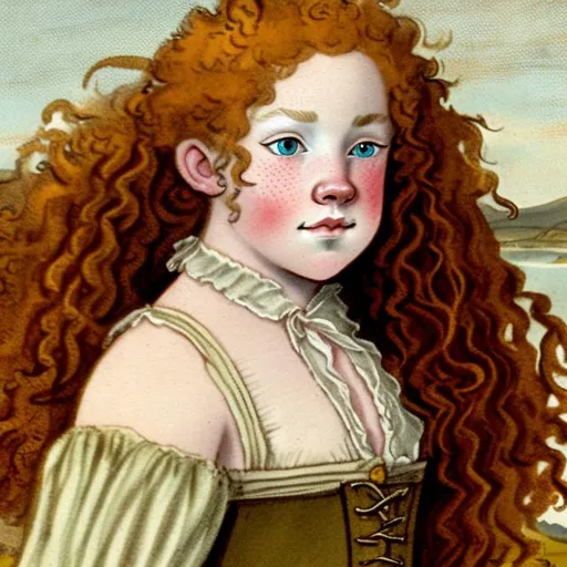 Prompt: Lass from scotland in 18th century,red curly long hair with yellow brown eyes, pale skin, with freckes, landscape scotland
Dressed with 1755 gown chubby face
 