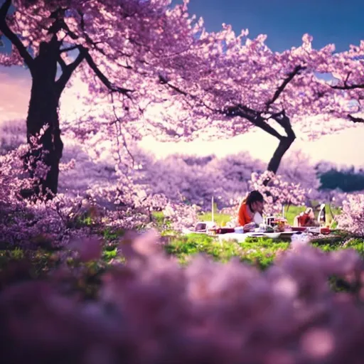 Prompt: Picnic food in cherry blossom forest