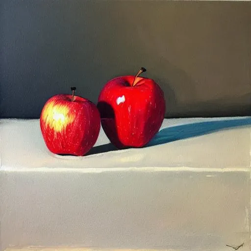 Prompt: Two red apples, white plane, painting, Expressionism, 