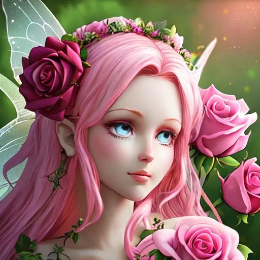 Prompt: fairy goddess, pink roses, closeup