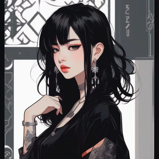 Prompt: anime girl with black hair and piercings in a black top, archillect concept art, streaming on twitch, striking detailed artstyle, 90's aesthetic, ulzzang, n 2, gothic, profile picture, japanese illustrator