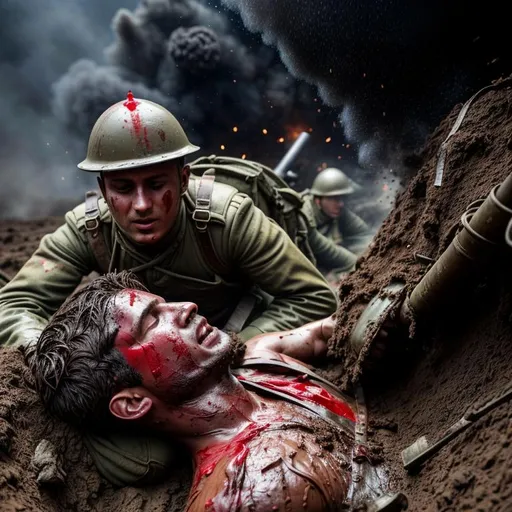 Prompt: Gruesome closeup picture of two severely wounded, bloodied british WW1 soldiers in a muddy trench being bombarded by artillery shells which explode very close to the soldiers sending black plumes of smoke, debris, dirt and fragments of metal into the air