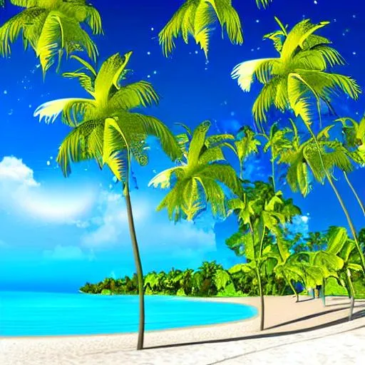 Prompt: a digital art of a tropical beach with white sand, palm trees and blue sky