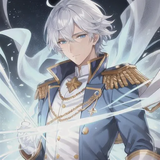 Prompt: Handsome male, extremely detailed cyan sparkling eyes, wind emanating from his hands, a young anime man with white hair, detailed cyan eyes, an optimistic expression, wearing a white captain's uniform with golden chains, wind and ice coming from his hands, fantasy, clear sparkling cyan glowing eyes, cyan eyes, intricately detailed eyes, short white hair, intricate, highly-detailed, large landscape, mechanics, dramatic lighting, gorgeous face, lifelike, stunning, anime young man face, white luxurious hair with a fringe haircut, digital painting, large, artstation, illustration, concept art, smooth, sharp focus, highly detailed painting, looking and smiling at viewer, full body, photography, detailed skin, realistic, photo-realistic, 8k, highly detailed, full length frame, High detail, showing full body, full body art 