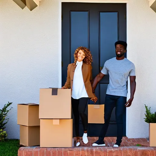 Prompt: Happy young couple black man and white woman moving into new home on Commercial street in San Diego, grant wood style



