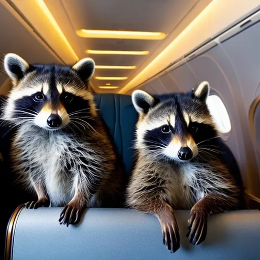 Prompt: raccoons sitting in first class on a plane