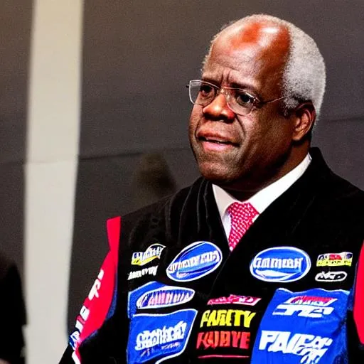 Prompt: Clarence Thomas in profile with many NASCAR sponsor logos on his black robes, highly realistic
