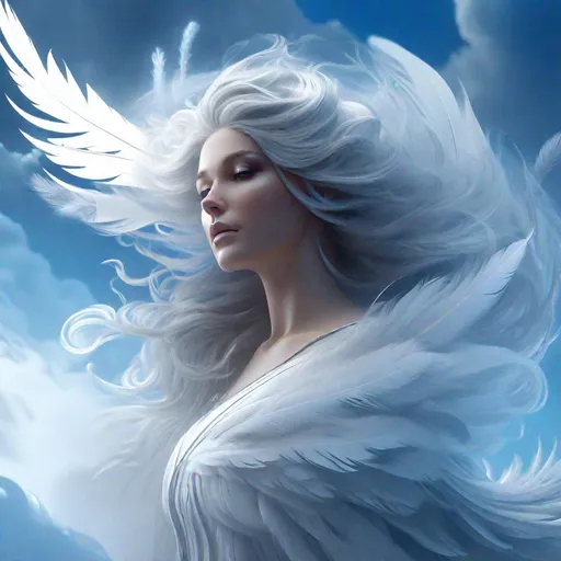 Prompt: ""Beautiful ethereal Air Element ghost" Wind : swirling clouds, white feathers, vapor, misty breath, white skin, white glowing eyes, WLOP, Alphonse Mucha, Greg Rutkowski, 8k resolution trending on Artstation Unreal Engine 5, hyperdetailed, intricately detailed, fantasy concept art portrait, serene, cool monochromatic colors, white and blue"