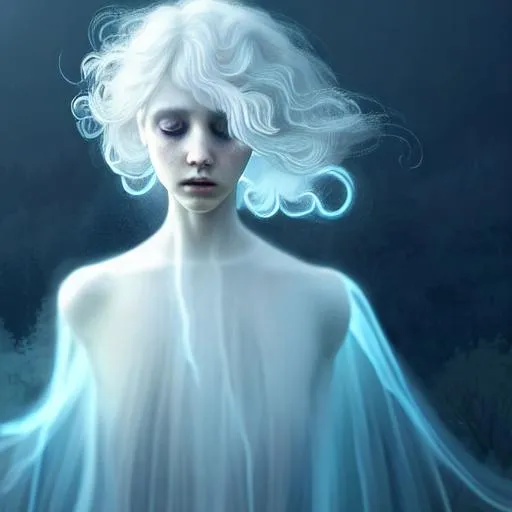 Prompt: a ghost girl, drifting through the fog, transparent and ethereal clothing, cold blue eyes, ethereal landscape, swirling mists and glowing orb, long and curly and messy hair, peaceful, other ghostly figures in the background, facing the viewer, detailed face, highly detailed, digital painting, HDRI, masterpiece, smooth, sharp focus, illustration, golden ratio, full body shot
