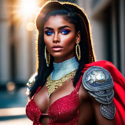 Prompt: {highly detailed, masterpiece, 4k hdr}. An Attractive African American Angel {Dark Skin, muscular, black hair with red highlights, freckles on cheeks, blue-within-blue colored eyes}. Chainmail Bikini, red ruby jewels 