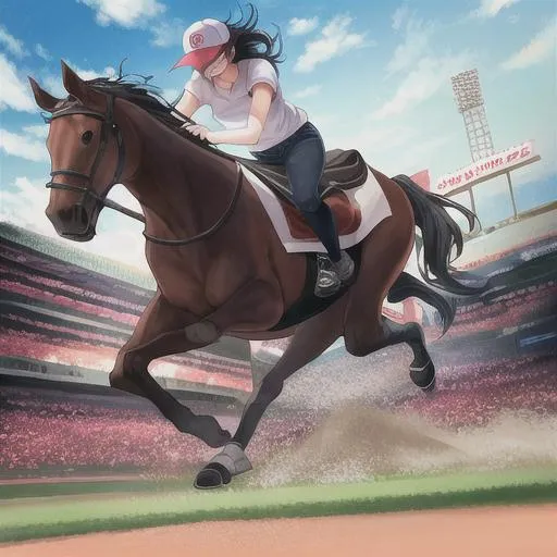 Prompt: horse running on baseball field