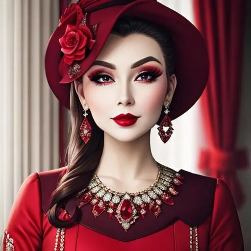 Prompt: Ruby lady-lady all in red, pretty makeup, elegant, nice clothes, facial closeup