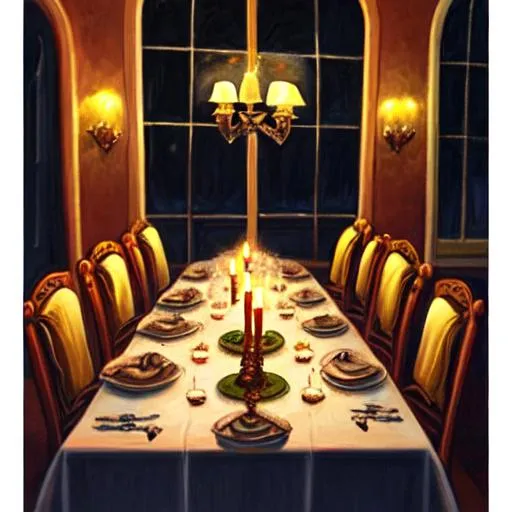 Prompt: A painting of a table set for a candlelit dinner at night