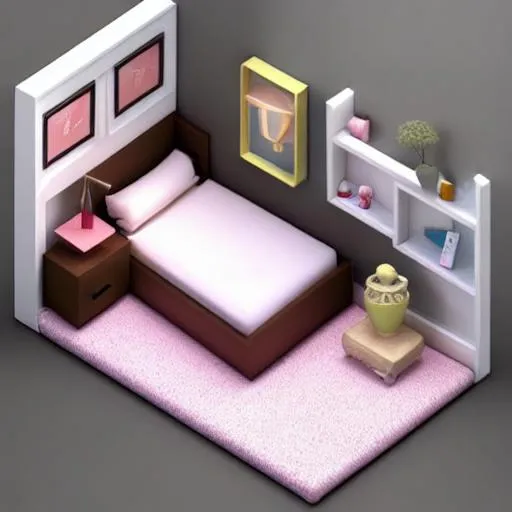 Prompt: Tiny cute isometric bedroom in a cutaway box, florida, soft smooth lighting, soft colors, 100mm lens, 3d blender render