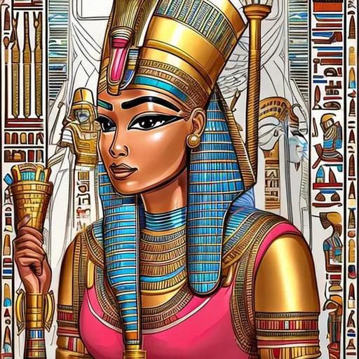 Prompt: Draw a wonderfully beautiful Egyptian Pharaonic queen in a huge Pharaonic boat sailing on the Nile with a large sail and a royal guard. The queen is surrounded by beautiful slave girls who wear white uniforms and brightly colored jewelry