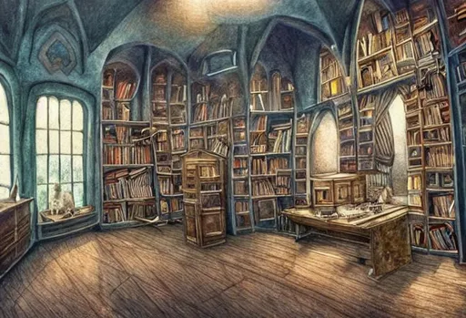 Prompt: the room of requirement of Harry Potter, highly detailed, art of illusion, water color, pencil drawing, sharp edges, high definition