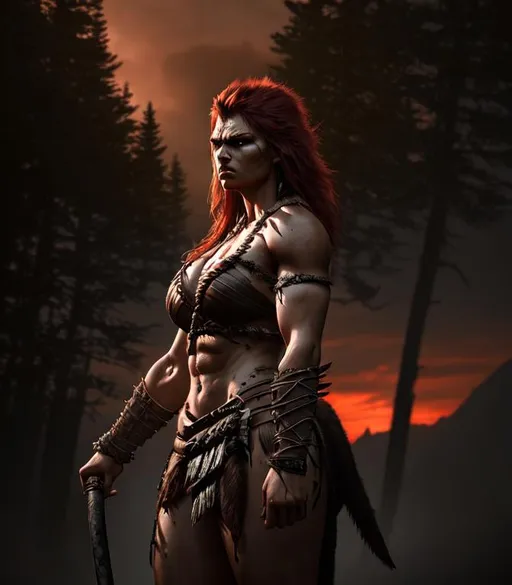 Prompt: Brooding, tense, foreboding 3D HD dramatic cinematic lighting [({one}Female as a (fiercely)beautiful {Barbarian}Warrior)], expansive primal forest background, sunset hyper realistic, 8K --s98500