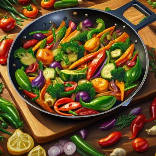 Prompt: Mediterranean vegetable stir-fry cooking in a pan, photorealistic painting, highly detailed, 8K, vibrant colors