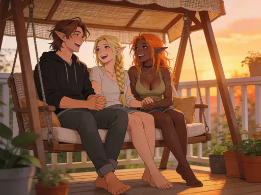 Prompt: A photorealistic image of three figures in comfortable clothing holding hands while they sit together on a cozy porch swing and laugh together. One is a tall half-elven man with messy brown hair. one is a beautiful elven woman with long blonde braided hair. one is a busty elven woman with dark skin and messy orange hair