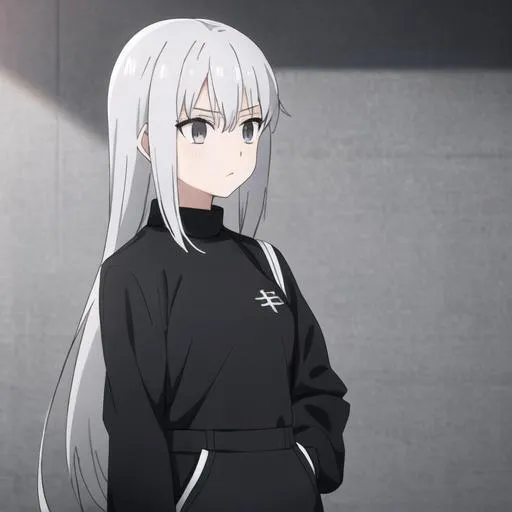 Prompt: A girl with white long grey hair, Black school sweater and white short-sleeved uniform
Hunter x Hunter art style, 