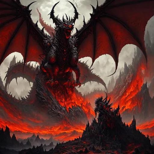 Prompt: Dark art, giant hellish dragon, artstation, hyperdetailed intricately detailed , unreal engine, other wordly, intricate detail, splash screen, dark colors, 8k, deviantart masterpiece, oil painting, heavy strokes, doom eternal, tourmented souls, standing, looking at horizon, suffering, humanoid, armed knight