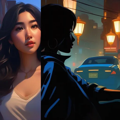 Prompt: Third person, gameplay, Korean-American girl, olive skin, black hair, brown eyes, 2020s, smartphone, San Francisco at night, fog, blue atmosphere, cartoony style, extremely detailed painting by Greg Rutkowski and by Henry Justice Ford and by Steve Henderson 

